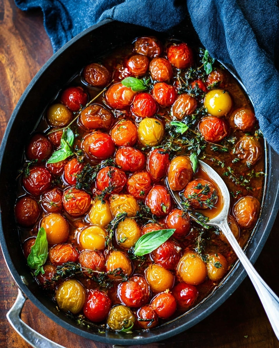 A close-up view of a black pan filled with roasted small tomatoes in red, yellow, and orange colors, mixed with a few green herbs and fresh basil leaves floating on top. The tomatoes are shiny and wrinkled, showing a cooked texture, sitting in a reddish-brown oil sauce covering the bottom of the pan. A silver spoon is scooping some tomatoes and herbs in the center-right of the pan. The pan is placed on a wooden surface with a blue cloth casually draped beside it. Photo taken with an iphone --ar 4:5 --v 7