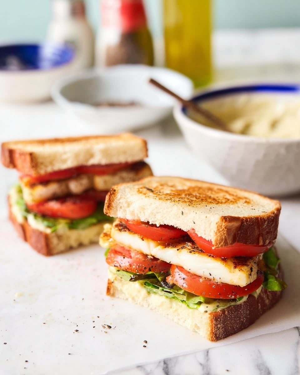 A sandwich with three clear layers is shown on a white marbled surface. The bottom layer is a slice of toasted bread with a golden brown, crunchy texture. Above it, there is a layer of fresh green leafy lettuce mixed with light-colored sauce. The next layer is a thick, juicy red tomato slice, topped by a round slice of white mozzarella cheese with a few dark specks and some dark brown balsamic glaze drizzles. Another slice of toasted bread with a crunchy golden brown top completes the sandwich. Drops of balsamic glaze are also scattered on the white marbled surface near the sandwich. Photo taken with an iphone --ar 4:5 --v 7