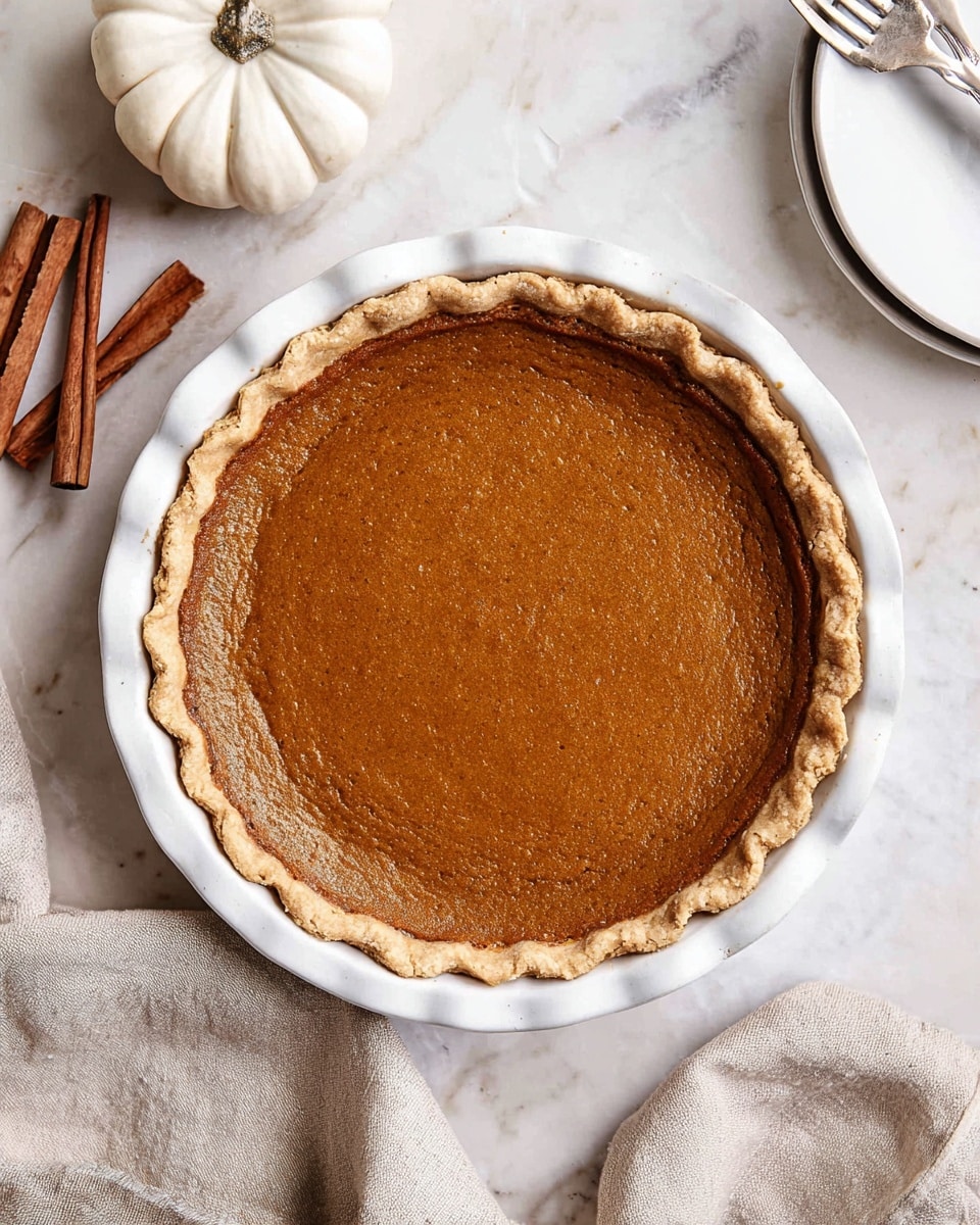 A single-layer pumpkin pie with a smooth, brown-orange filling sits inside a white pie dish with a scalloped edge crust that is light golden tan. The pie is placed on a white marbled surface. To the left of the pie, there are two cinnamon sticks, and a white pumpkin decoration is partially visible in the upper left corner. On the right side, there is a white plate with a silver fork and a beige linen cloth resting partially on the surface and off to the side. Photo taken with an iphone --ar 4:5 --v 7