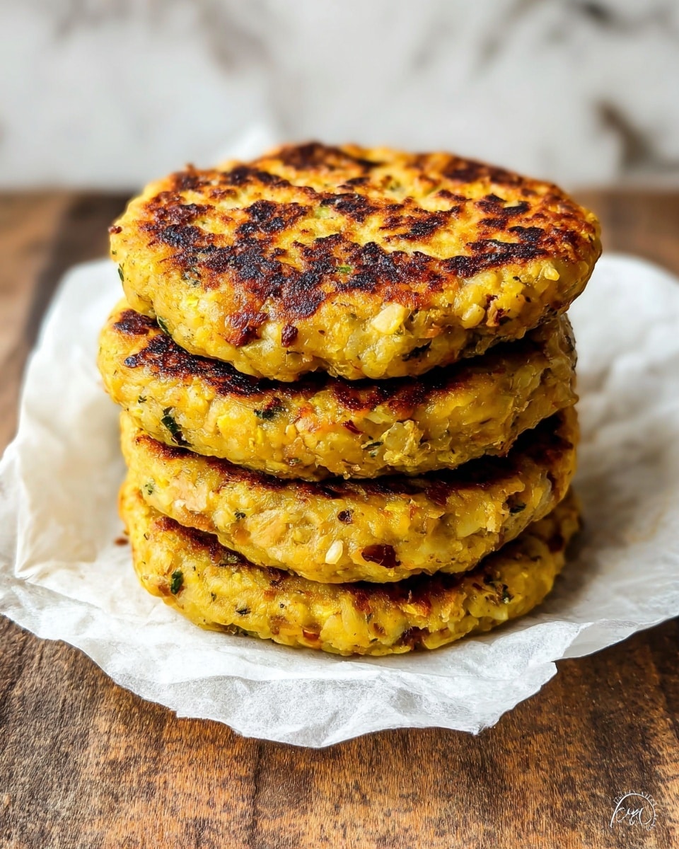 A stack of five thick, round patties with a golden-yellow color and slightly charred brown spots on the top layer, showing a crispy texture. The patties have a rough, uneven surface with visible bits of herbs and small pieces of ingredients inside. They are placed one on top of the other on a white plate, lined with a piece of white parchment paper. The background has a white marbled texture, and the scene is well-lit with natural lighting. photo taken with an iphone --ar 4:5 --v 7