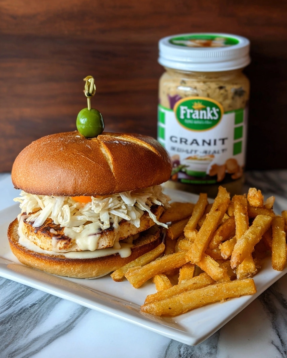 A sandwich is placed on a white plate with thick golden fries on the right side. The sandwich has three layers visible: a top golden toasted bun with a green decorative pick stuck in the middle, a layer of light-colored sauerkraut, and a grilled chicken patty topped with melted white cheese and a small amount of orange sauce. The bottom bun holds everything together. Behind the plate, there is a jar with a green label showing