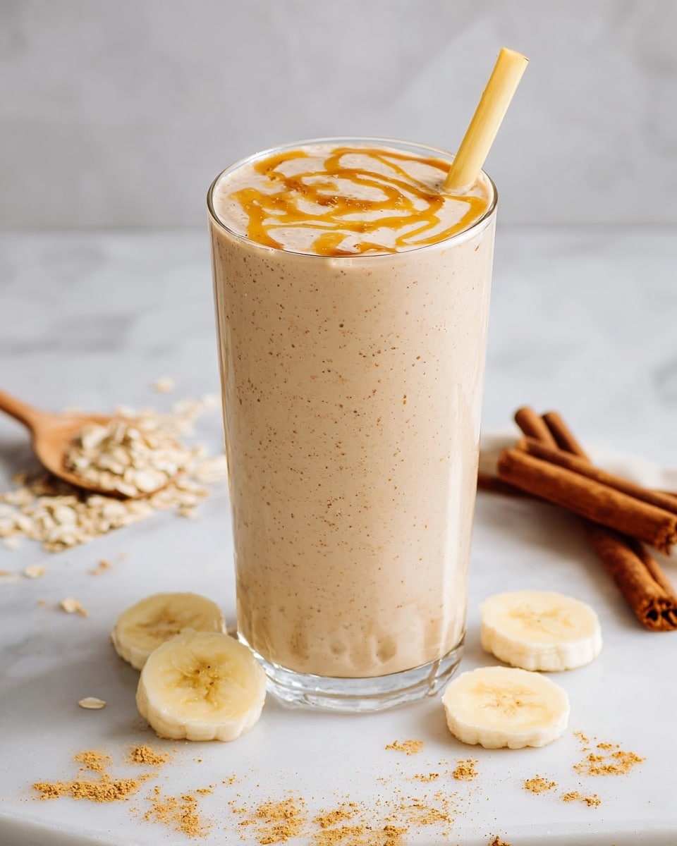 A clear blender container sits on a white marbled surface with three visible layers inside—a base layer of light brown cinnamon powder, topped by a layer of beige rolled oats, and a whole peeled yellow banana lying on the oats. A woman's hand is seen pouring white milk from a small ribbed white jug into the blender. Nearby on the marble surface is a jar filled with rolled oats, a wooden spoon with some oats spilling out, two cinnamon sticks, and an unpeeled yellow banana. The scene is bright and clean, showing a fresh and simple smoothie preparation. photo taken with an iphone --ar 4:5 --v 7