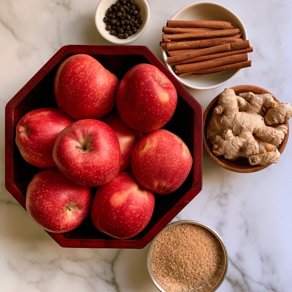 There is an octagonal dark reddish-brown wooden bowl filled with seven red apples, each showing smooth skin with some light speckles and varying shades of red. Above it and slightly to the right, a small white bowl holds a set of six long cinnamon sticks neatly aligned side by side. Next to the cinnamon, a smaller wooden bowl contains a cluster of whole ginger roots with a beige, rough texture. Below the wooden bowl, a small silver bowl sits filled with light brown sugar that shows a mildly grainy texture. Above this, a tiny white bowl contains several whole black peppercorns. All items are placed on a white marbled surface. Photo taken with an iphone --ar 4:5 --v 7
