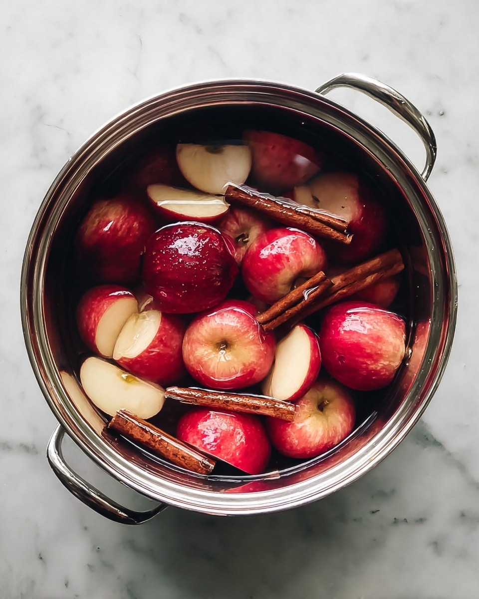 A silver pot filled with cut red apples floating in clear water, showing their shiny red skin and pale inside. There are whole and broken cinnamon sticks placed among the apple pieces, adding a brown textured layer on top. The pot is set on a white marbled surface, creating a clean background. The light reflects softly on the apples and water, giving a fresh and bright look. photo taken with an iphone --ar 4:5 --v 7