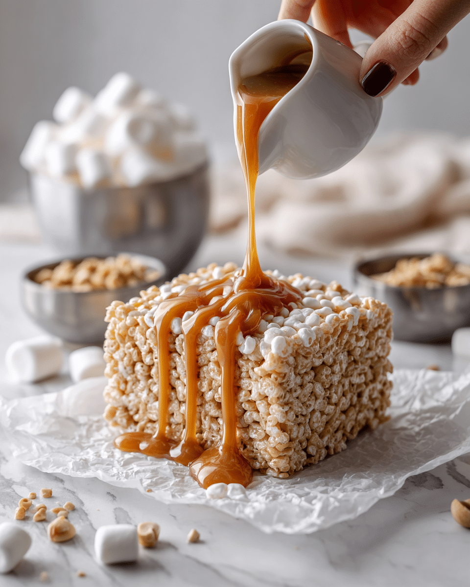 A large square rice crispy treat with a light golden color and a bumpy, textured surface sits on crinkled white paper. A woman's hand is pouring thick caramel sauce from a small white cup over the top, the sauce flowing in shiny streams down the sides. In the background on a white marbled surface, two small metal bowls hold white mini marshmallows and chopped nuts, slightly blurred. The whole scene is bright and clean with soft natural light. photo taken with an iphone --ar 4:5 --v 7