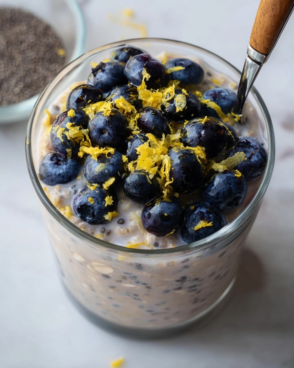 A clear glass cup holds a creamy chia seed pudding mixed with oats in a pale beige color, topped with a generous layer of plump, dark blue blueberries scattered across the surface. Bright yellow lemon zest is sprinkled over the top, adding a pop of color. A metal spoon with a wooden handle is partially submerged on the right side of the cup. The cup sits on a white marbled surface with a slightly blurred glass bowl in the background containing chia seeds. Photo taken with an iphone --ar 4:5 --v 7