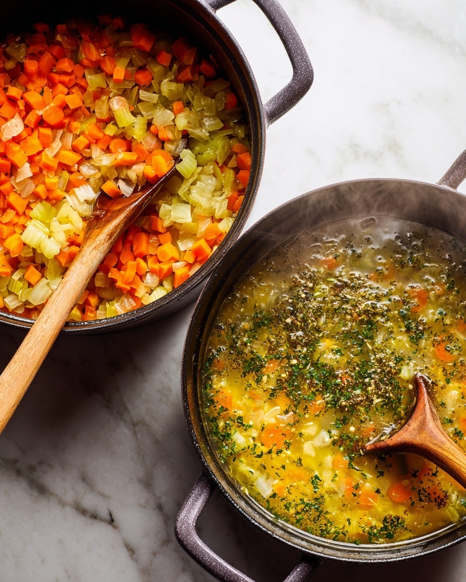 The image shows two black pots on a white marbled surface. The pot on the left contains several layers of finely chopped vegetables being stirred with a wooden spoon, mainly orange carrots, yellow celery, and translucent onions, all mixed evenly. The pot on the right shows a soup or stew with the same vegetables submerged in a yellowish liquid with herbs and spices sprinkled on top, also being stirred by a wooden spoon, and steam rising from the pot. Photo taken with an iphone --ar 4:5 --v 7
