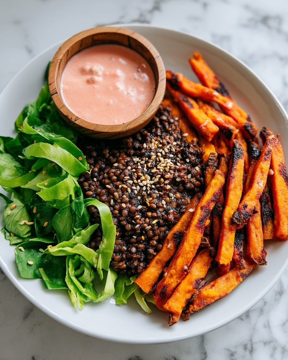 A white plate holds a colorful dish with three main sections: on the left is a fresh green leafy vegetable, in the middle is a dark, crumbly lentil mix topped with light pink sauce and sprinkled with sesame seeds, and on the right side are orange, crispy sweet potato fries with charred edges. At the top center of the plate, there is a small wooden bowl filled with more pink sauce. The background is a white marbled surface. photo taken with an iphone --ar 4:5 --v 7