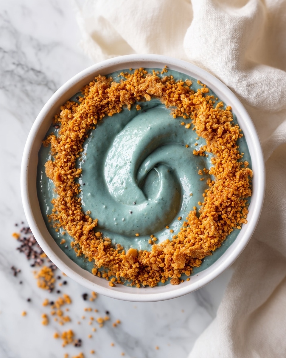The image shows a white bowl filled with two main layers. The bottom layer is a smooth, thick, light blue creamy mixture spread evenly across the bowl with a slight swirl in the center. On top, around the edge of the bowl, there is a ring of chunky light brown crumbles mixed with small dark brown pieces that look like chocolate bits, creating a rough texture contrast with the smooth cream inside. In the background, there is a small white bowl filled with the same chunky mixture. The bowl sits on a wooden board, but the visible surface under the bowl and background has been changed to a white marbled texture. Photo taken with an iphone --ar 4:5 --v 7