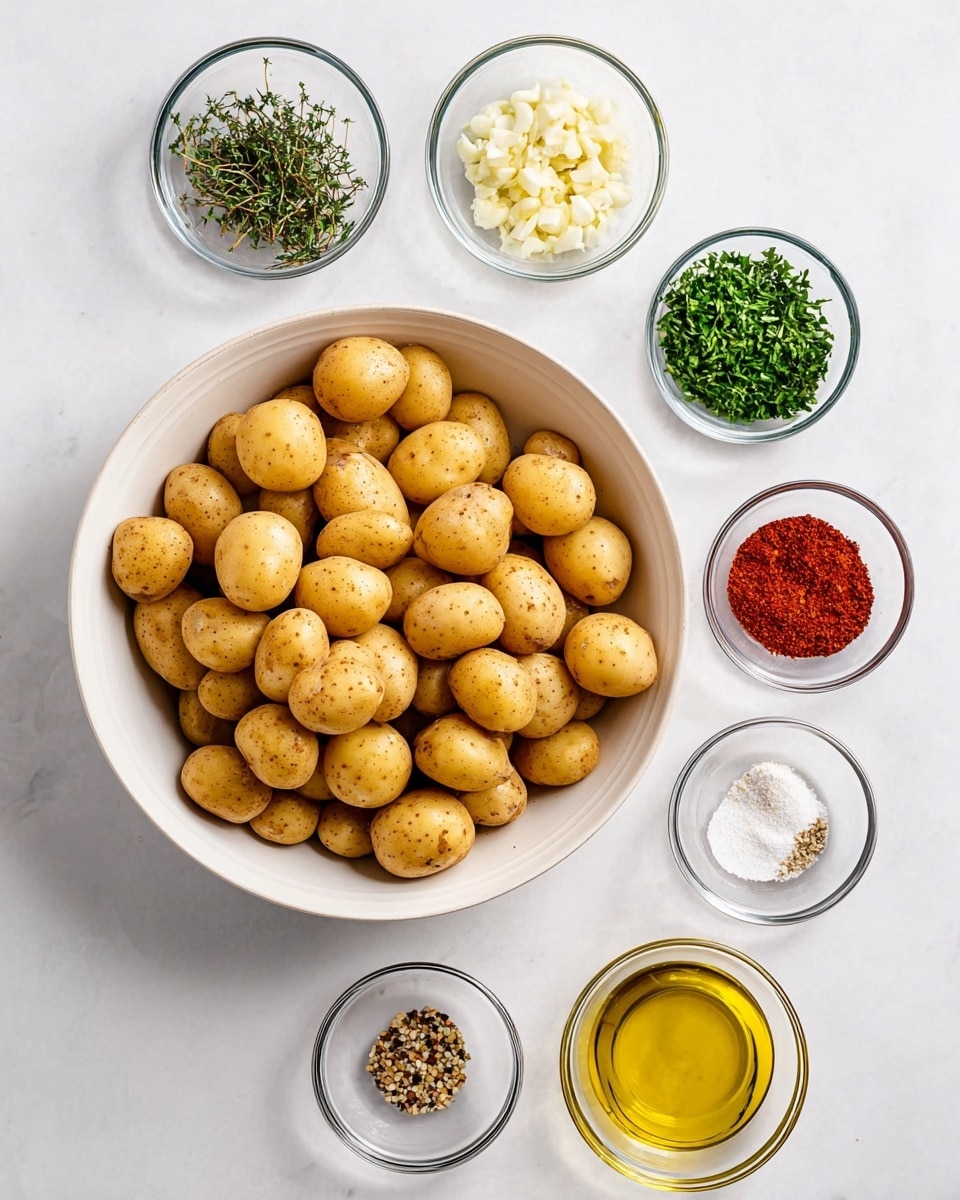 A large white bowl filled with many small, light brown potatoes sits in the center on a white marbled surface. Above the bowl, three small clear glass bowls hold finely chopped green herbs: thyme on the left, a mix of green herbs in the middle, and parsley on the right. To the left of the potatoes, there is a small bowl of chopped garlic. To the right of the potatoes, five smaller clear glass bowls hold different spices and ingredients arranged vertically: salt and pepper, red chili powder, granulated garlic, and golden oil at the bottom. The overall layout is neat and bright, showing all ingredients clearly. photo taken with an iphone --ar 4:5 --v 7