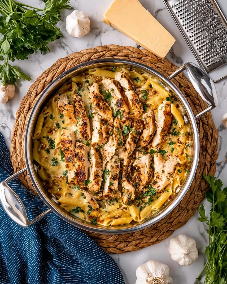 A silver pan filled with a layered dish sits on a round woven mat over a white marbled surface. The bottom layer is cooked penne pasta in a creamy light yellow sauce, topped with strips of grilled chicken that have a light brown char and specks of herbs. Fresh green parsley is sprinkled evenly over the chicken for color and texture. Around the pan are garlic bulbs, a bunch of fresh parsley, a metal grater with a wedge of pale yellow cheese, and a blue striped cloth napkin. Photo taken with an iphone --ar 4:5 --v 7