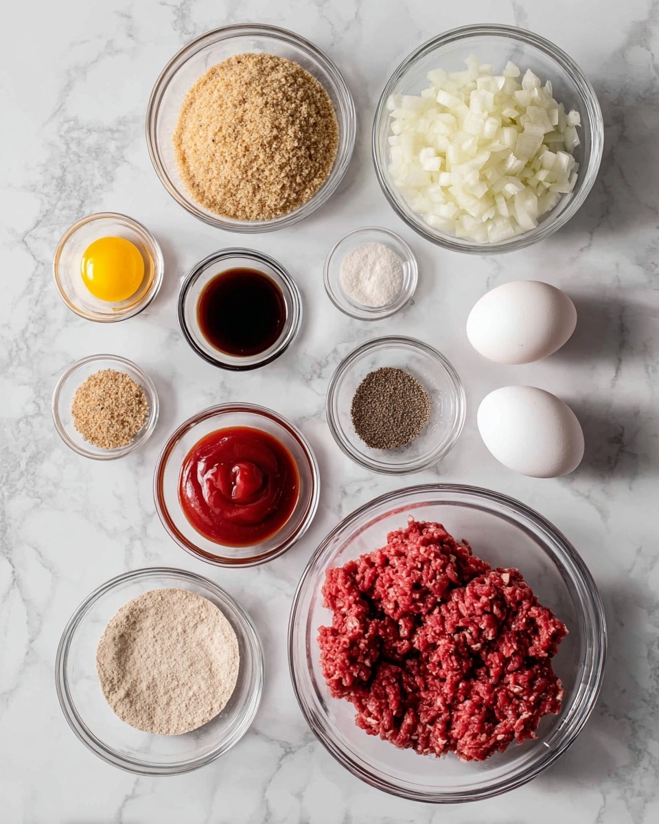The image shows eleven bowls and two white eggs arranged on a white marbled surface. Starting from the bottom right is a clear glass bowl filled with raw ground beef, rich red with a coarse texture. Directly above it is another clear bowl with finely chopped white onions. To the left of the onions is a medium clear bowl filled with light tan breadcrumbs with a rough texture. Below the breadcrumbs is a small clear bowl holding a glossy deep red sauce, likely ketchup. Above the sauce is a tiny clear bowl with dark brown liquid, possibly soy sauce. To the left of that is a small clear bowl filled with bright yellow mustard. Above the mustard is a small white bowl of light beige powder, garlic powder, and above it, another white bowl holding a mix of black and white pepper. Next to the pepper bowl, slightly to the right, is another white bowl containing fine ground brown powder, likely dry seasoning. At the top right, a clear bowl contains slightly clumpy light brown sugar. The two smooth white eggs are placed between the onion and brown sugar. Photo taken with an iphone --ar 4:5 --v 7