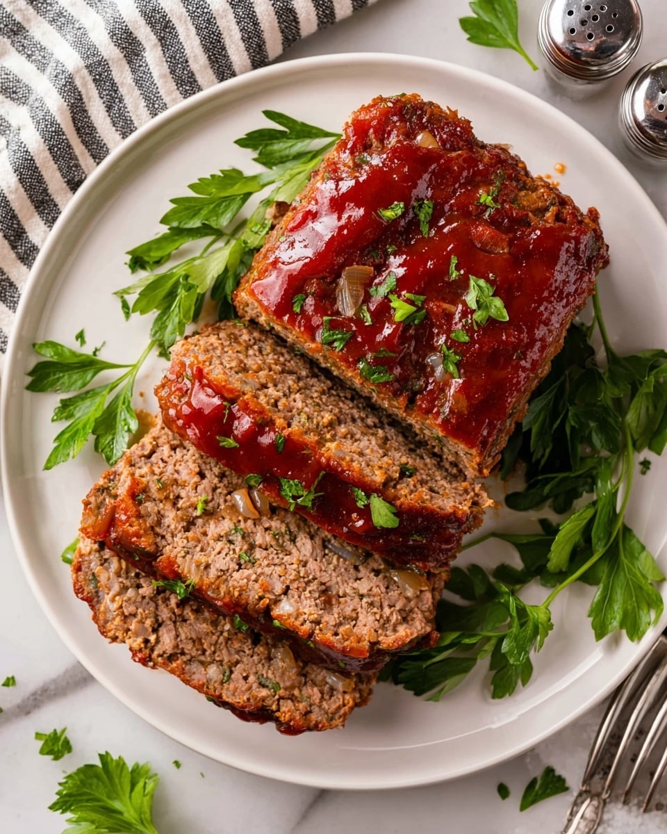 The image shows a white plate holding a rectangular meatloaf sliced into three thick pieces. The meatloaf has a brown, slightly rough texture with bits of onion visible inside, topped with a shiny, reddish-brown sauce. Fresh green parsley leaves are scattered on and around the meatloaf for garnish. The plate is placed on a white marbled surface, accompanied by a striped cloth on the left and salt and pepper shakers on the right. photo taken with an iphone --ar 4:5 --v 7