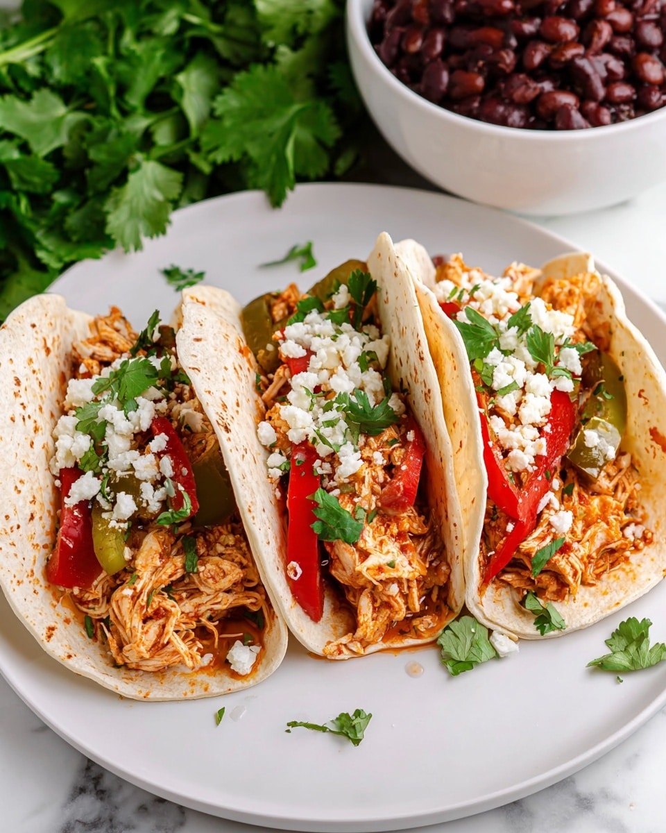 Three soft white tortillas are filled with shredded cooked chicken mixed with red and green bell pepper strips, creating a colorful mix. The chicken and peppers have a light sauce, giving a reddish tint. Each taco is topped with small crumbles of white cheese and chopped fresh green cilantro scattered on top. The tacos are arranged side by side on a white plate, set on a white marbled textured surface. In the background, there is a bunch of fresh green cilantro and a white bowl filled with dark red beans. Photo taken with an iphone --ar 4:5 --v 7