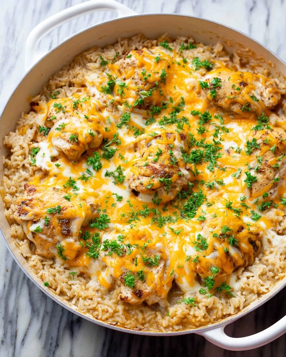 A white pan filled with a layer of cooked rice at the bottom, topped with several pieces of cooked chicken arranged evenly. On top of the chicken, there is a melted layer of shredded yellow and white cheese, sprinkled with chopped green herbs for color. The dish looks creamy and rich, with the cheese just melted enough to cover the chicken and rice. The pan is set on a white marbled surface. Photo taken with an iphone --ar 4:5 --v 7