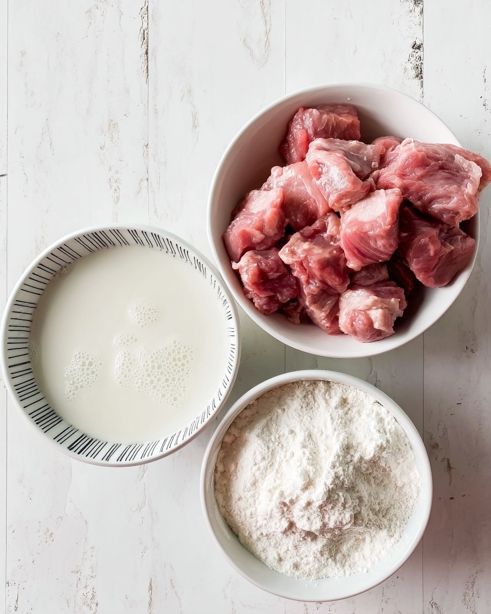 The image shows three white bowls with black line patterns on a white marbled background. The bowl on the left contains a white liquid with small bubbles on the surface. The bowl on the right is filled with a white powder, and the middle bowl holds pinkish-red raw meat pieces with visible textures and some white fat. The bowls are arranged close together in a slight triangle shape, giving a clear view of each ingredient. Photo taken with an iphone --ar 4:5 --v 7
