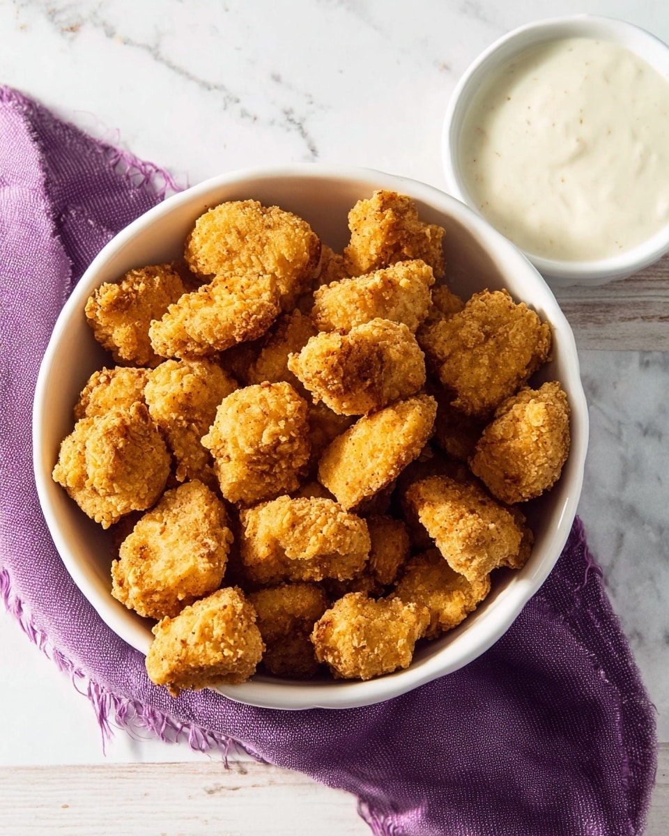 A white bowl filled with many pieces of golden brown fried nuggets with a crunchy texture, placed on a white marbled surface. To the top right of the bowl, there is a smaller white round bowl containing a smooth, creamy white dipping sauce. The small bowl rests on a folded purple cloth. The scene is brightly lit, giving the food a fresh and appetizing look photo taken with an iphone --ar 4:5 --v 7