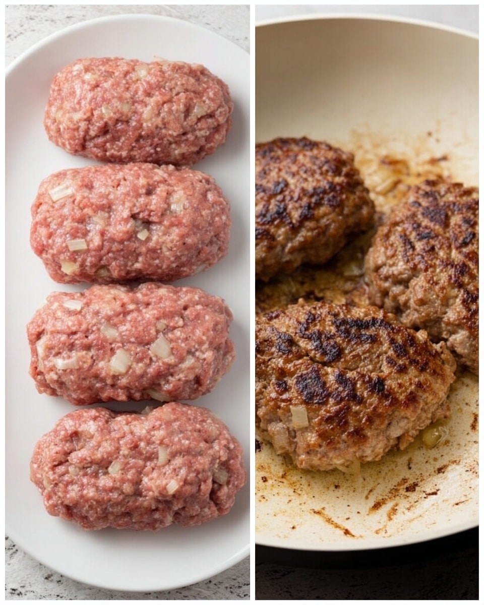 The image shows two side-by-side photos. On the left side, there are four raw meat patties arranged in a single row on a white plate, each patty oval-shaped, with visible chunks of onion mixed into the pinkish ground meat. On the right side, the cooked patties are shown in a round white pan, browned on the outside with a rough texture, some parts darker from cooking, and the pan has brown cooked marks around the patties. The white marbled texture surface is visible beneath both the plate and the pan. Photo taken with an iphone --ar 4:5 --v 7