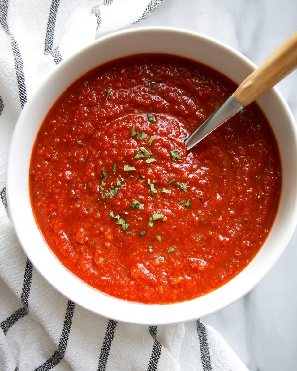 A white bowl filled with a smooth, thick red sauce with small pieces of green herbs sprinkled on top. A spoon with a light wooden handle stands inside the sauce, stirring it slightly, showing the texture of the sauce with visible small bits and a slightly chunky surface. The bowl sits on a white marbled surface with a white cloth napkin with black stripes partly visible next to it. Photo taken with an iphone --ar 4:5 --v 7