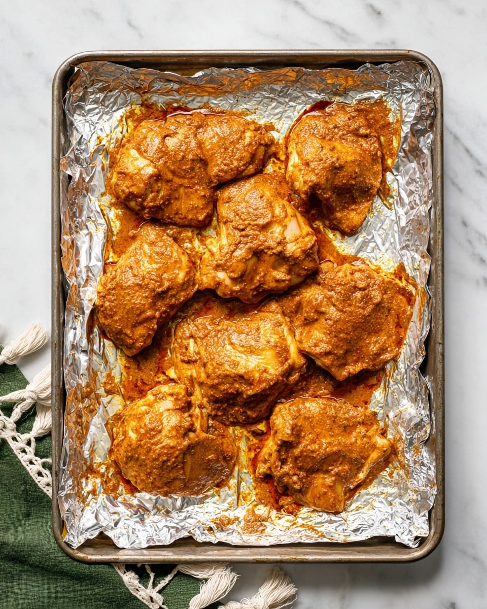The image shows a metal baking tray lined with crinkled aluminum foil, placed on a white marbled surface. On the foil, there are eight pieces of raw chicken thighs, each covered thickly with an orange-brown spicy marinade that looks creamy and textured with visible seasoning. The chicken pieces vary in shape and size, spread out across the tray with some marinade spreading onto the foil. A green cloth with white tassels is partly visible at the bottom left corner. The photo taken with an iphone --ar 4:5 --v 7