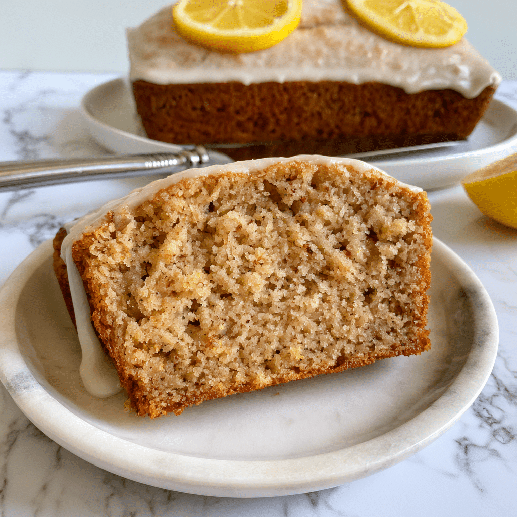 A slice of light brown banana bread with a soft, crumbly texture sits on a white marbled plate, topped with a thin layer of white icing that flows slightly down the side. In the background, there is a white plate holding the rest of the loaf covered with the same icing, garnished with two bright yellow lemon slices on top. A knife with a silver handle rests on the plate near the loaf. The scene is set on a white marbled surface with a cut lemon placed to the right. Photo taken with an iphone --ar 4:5 --v 7