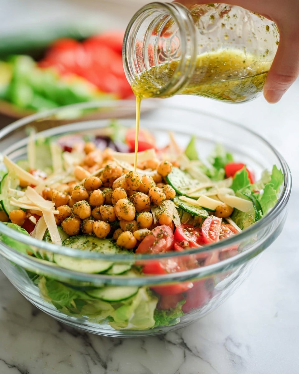 A clear glass bowl holds a fresh salad with several layers: at the bottom are green romaine lettuce leaves, followed by slices of green cucumber and bright red tomato pieces. On top, there are golden chickpeas coated with herbs and small thin beige strips of cheese scattered around. A woman's hand is pouring a yellow-green herb dressing from a small glass jar over the salad. The whole scene is set on a white marbled surface, with blurred green and red vegetables in the background. Photo taken with an iphone --ar 4:5 --v 7
