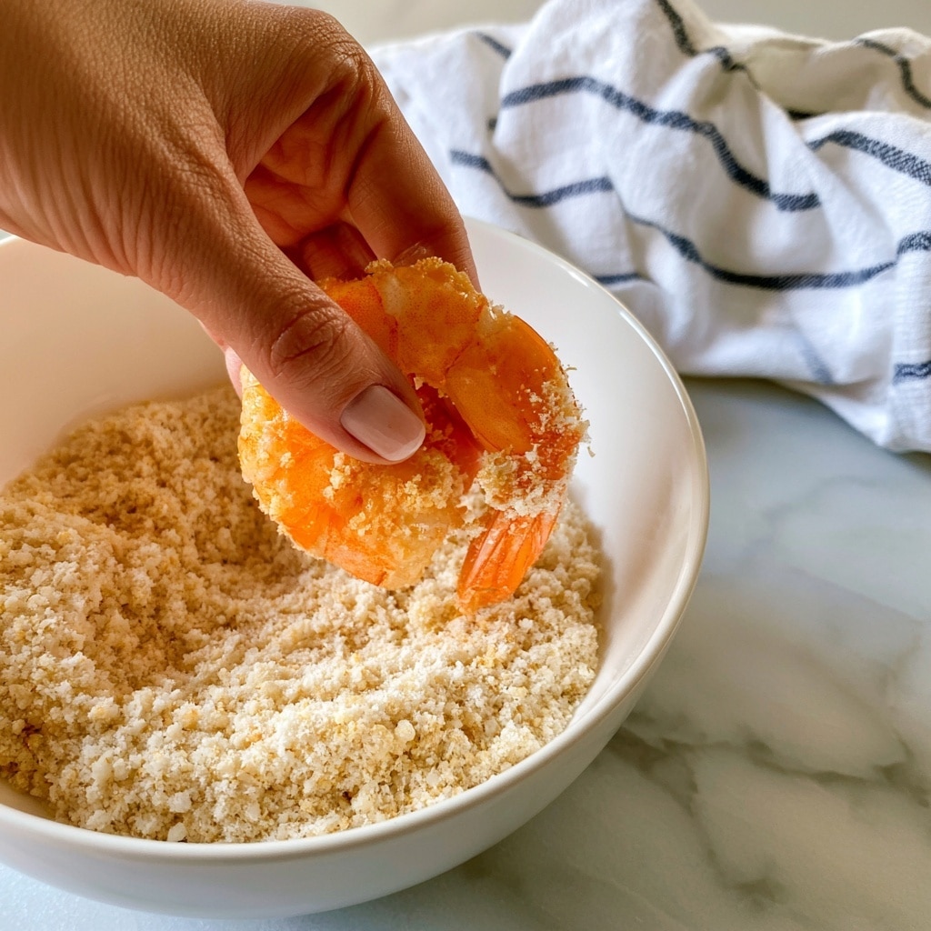 A woman's hand is holding a bright orange shrimp, partially dipped in a bowl filled with a mix of light beige and white breadcrumbs. The bowl is white and placed on a white marbled surface. In the background, a white cloth with dark blue stripes is softly folded. The image shows the process of coating the shrimp with the crumb mix. photo taken with an iphone --ar 4:5 --v 7