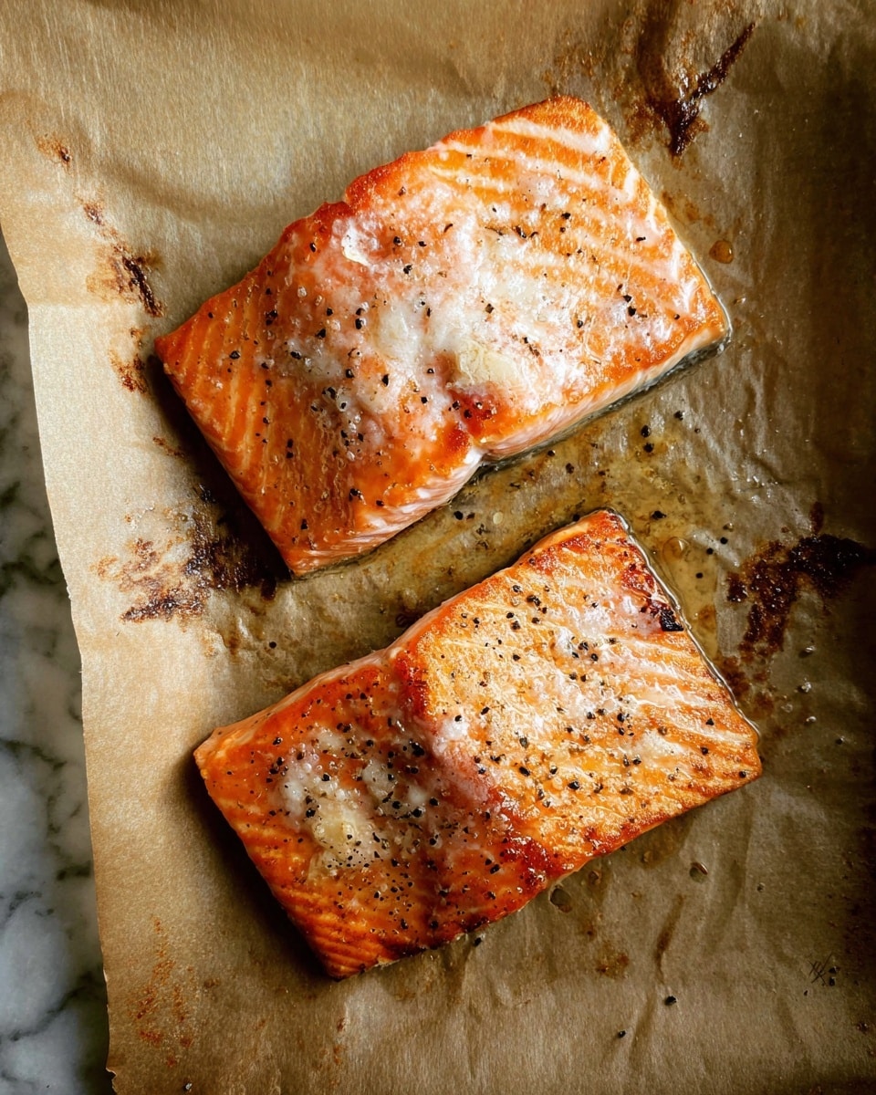 Two cooked salmon fillets are shown on a piece of brown parchment paper on a white marbled surface. Each fillet has a shiny orange-pink color with a slightly crispy surface. The top fillet has melted white spots that look like butter or oil and is sprinkled with black pepper. The bottom fillet shows a similar texture with a light golden-brown crust and some darker edges. There are some small burnt bits and oil stains on the parchment paper around the fillets. The photo taken with an iphone --ar 4:5 --v 7