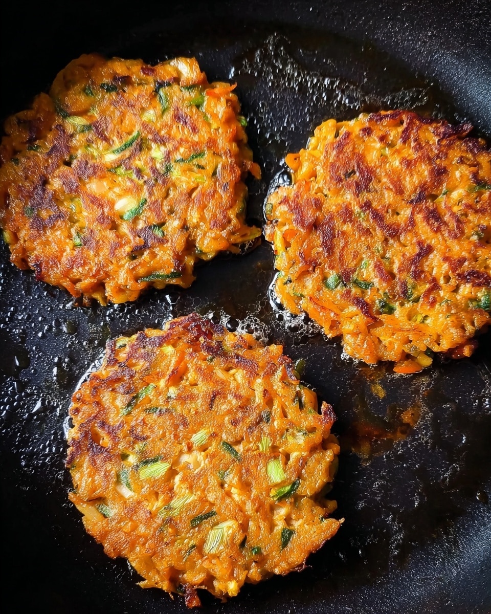 Three round fritters with a rough, crispy texture are shown cooking in a black pan. Each fritter is golden orange with visible green flecks, likely from grated vegetables mixed inside. The fritters have uneven edges and a slightly bumpy surface with some shiny oil spots reflecting light. The dark pan contrasts with the warm colors of the fritters. photo taken with an iphone --ar 4:5 --v 7