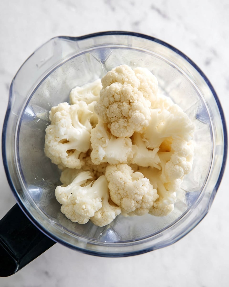 A clear blender container filled with several light cream-colored cauliflower florets, showing their bumpy, rough texture and curving small stems, resting inside the transparent plastic. The blender sits on a white marbled surface that has subtle gray veins. The image is bright and clear, with natural light highlighting the soft details of the cauliflower pieces. photo taken with an iphone --ar 4:5 --v 7
