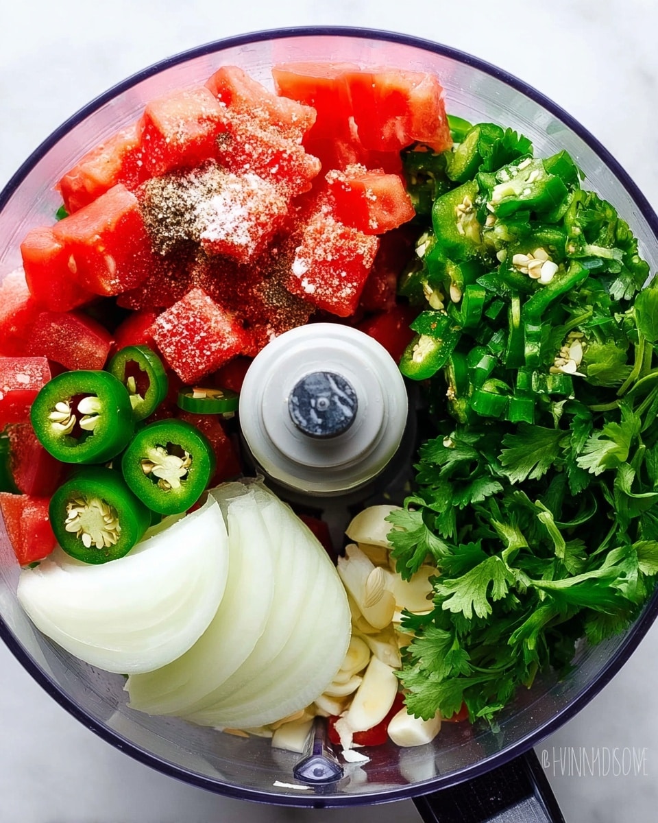 The image shows a clear round food processor bowl with visible small motor blade in the center. Inside, there are four types of fresh ingredients: bright red tomato pieces sprinkled with coarse salt on the top left, chopped dark green jalapeño peppers close to the tomato, large white onion slices on the bottom left, and a bunch of fresh bright green cilantro leaves on the right. There are also small white garlic cloves near the top right. All ingredients are fresh and natural looking, placed closely together on a clean white marbled surface. Photo taken with an iphone --ar 4:5 --v 7