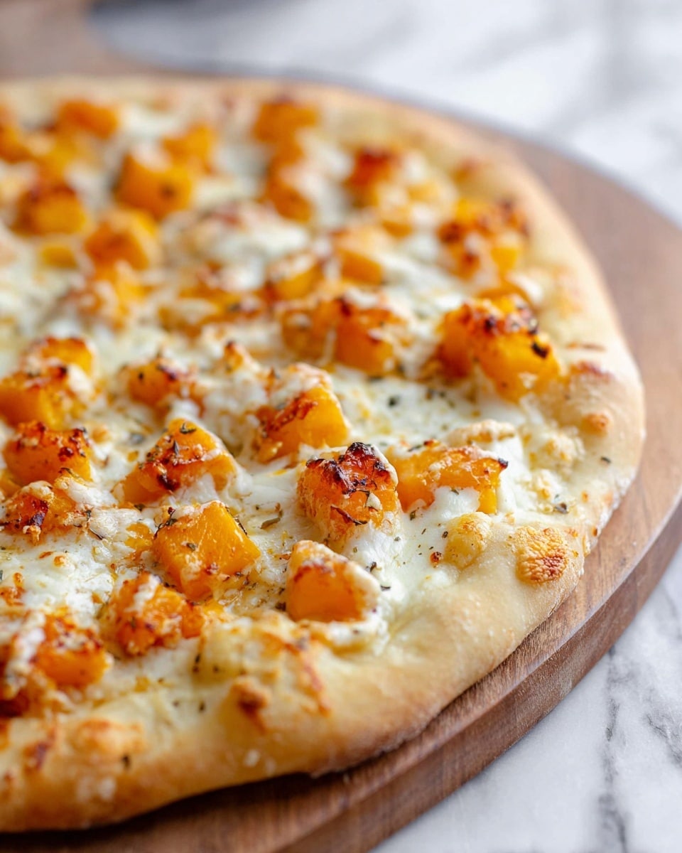 A close-up view of a sliced pizza on a wooden board with a white marbled surface underneath. The pizza has a thin, light golden crust as the bottom layer. On top of the crust is a creamy white cheese layer that looks soft and slightly melted. Scattered over the cheese are chunks of bright orange roasted squash, which add a textured, roasted appearance with some browned edges. Some small red pepper flakes and black pepper bits are sprinkled lightly over the pizza, adding extra color detail. The pizza is cut into triangular slices, showing the layers clearly. photo taken with an iphone --ar 4:5 --v 7