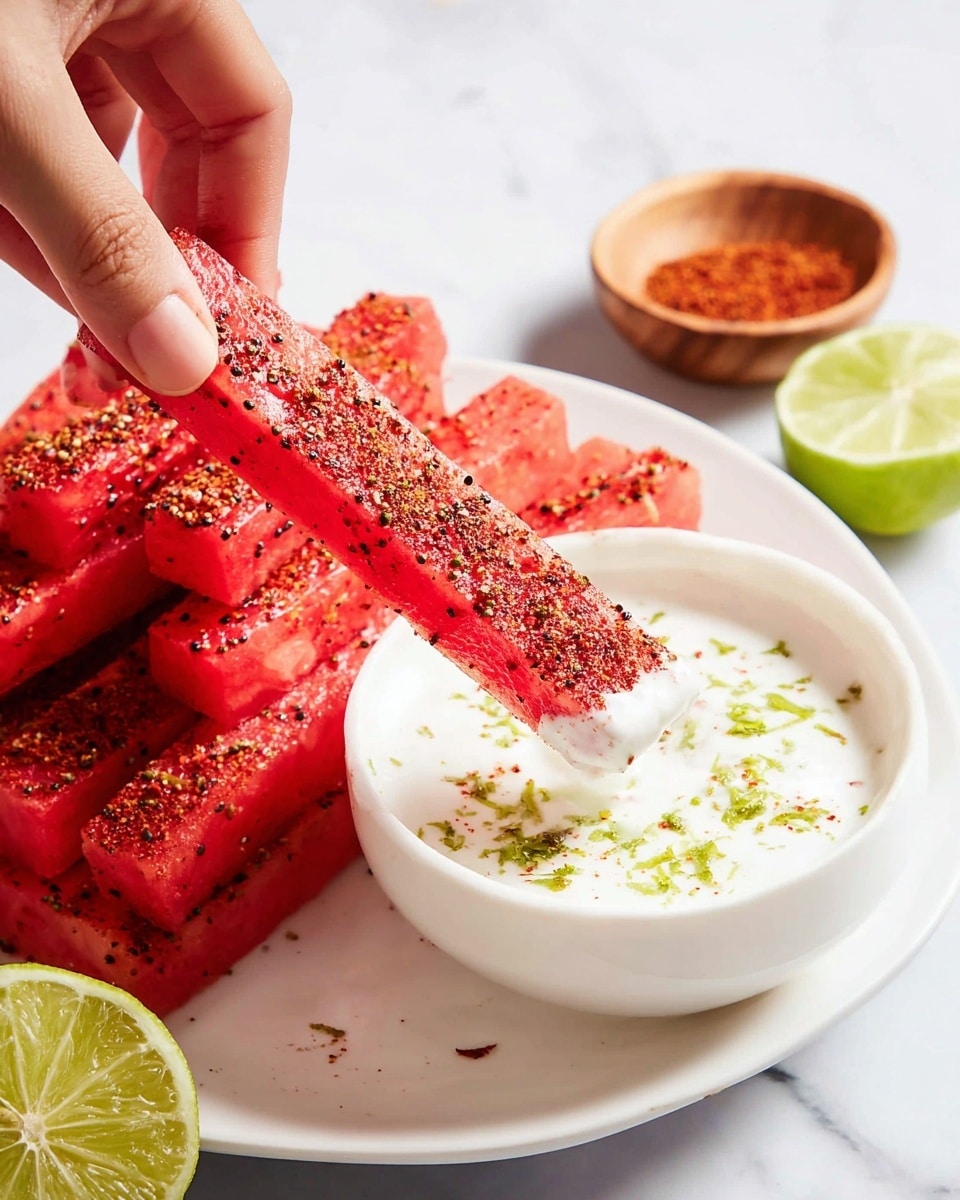 A woman's hand holds one long, rectangular piece of red watermelon, which is covered with dark red chili powder and seeds, dipping it into a white round bowl filled with a creamy white sauce topped with small green lime zest bits. Behind the bowl, there is a stack of similar watermelon sticks, also covered in chili powder, arranged in a slightly uneven pile on a white plate. To the right side, there's a small wooden bowl filled with more chili powder and a halved lime with its bright green inside visible. The entire setup rests on a white marbled surface. photo taken with an iphone --ar 4:5 --v 7