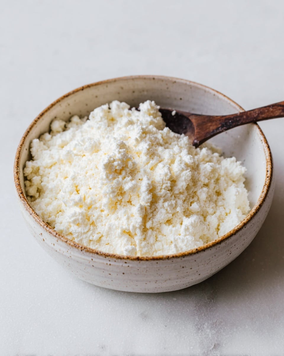 A white bowl filled with a large mound of fine, crumbly white cheese that looks soft and fresh. The bowl has a lightly speckled, rustic texture with some brown and white colors around the edges. Inside the bowl, near the back, there is a dark wooden spoon partially covered by the cheese. The bowl sits on a white marbled surface with a plain light background. photo taken with an iphone --ar 4:5 --v 7