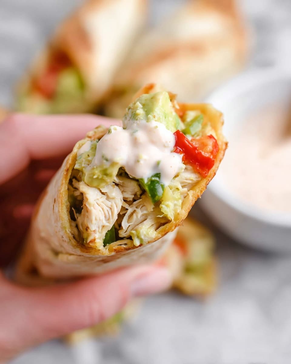 A close-up image of a single wrap held by a woman's hand, showing three main layers inside: the outermost layer is a light golden-brown tortilla that looks soft but slightly toasted, inside there is shredded white chicken mixed with pale green avocado chunks and small pieces of bright red and green bell peppers, and the top corner of the wrap has a dollop of light pink creamy sauce. The background is a soft white marbled texture with blurred parts of more wraps and a white bowl with more sauce visible out of focus. Photo taken with an iphone --ar 4:5 --v 7
