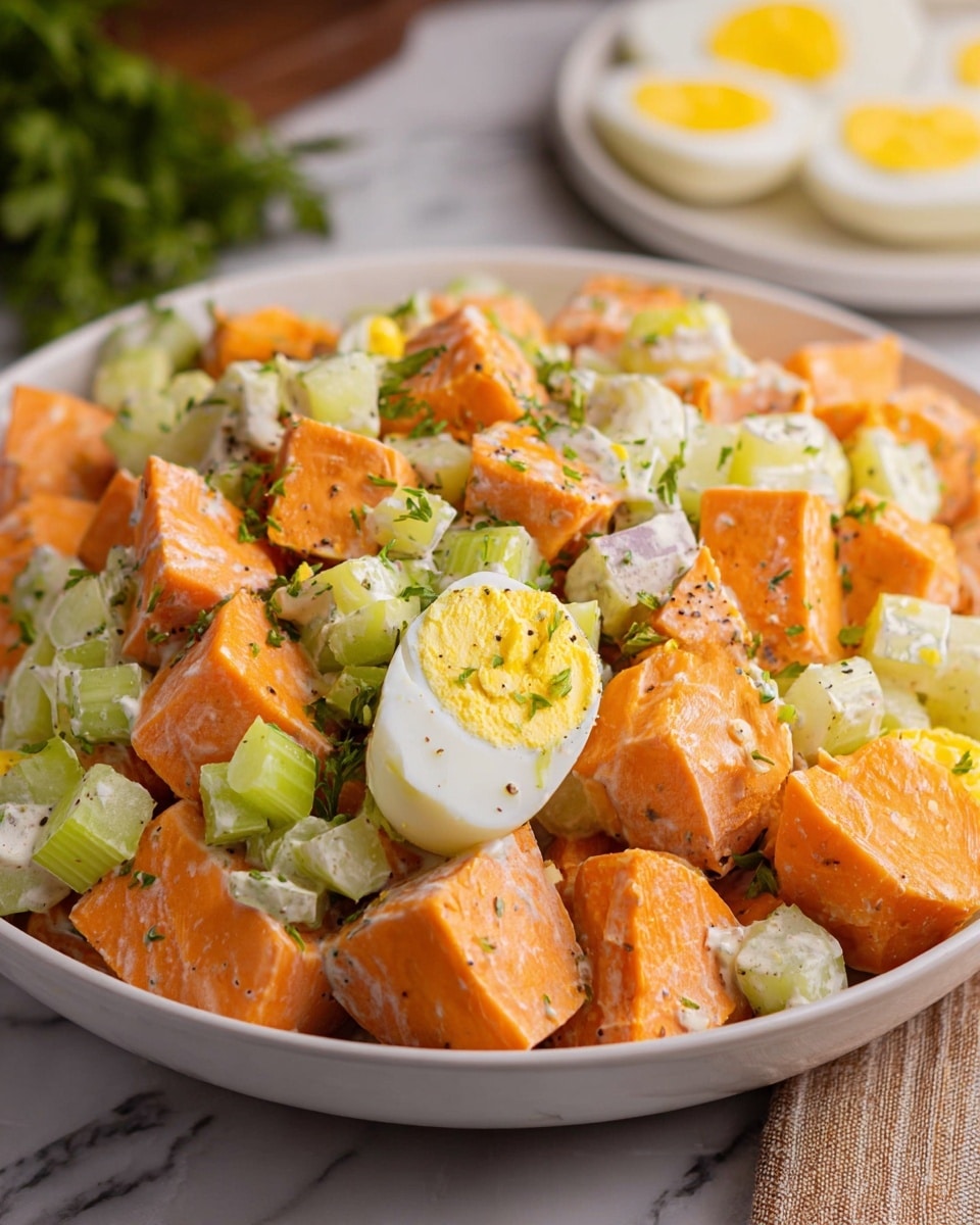 A close-up view of a white bowl filled with a mixed salad showing large cubes of soft orange sweet potato, light green celery slices, and small pieces of chopped hard-boiled egg in white and yellow hues. The ingredients are coated lightly with a creamy dressing and sprinkled with small bits of green parsley and black pepper. In the blurred background, there is a small white plate with sliced hard-boiled eggs. The scene rests on a white marbled texture surface. photo taken with an iphone --ar 4:5 --v 7