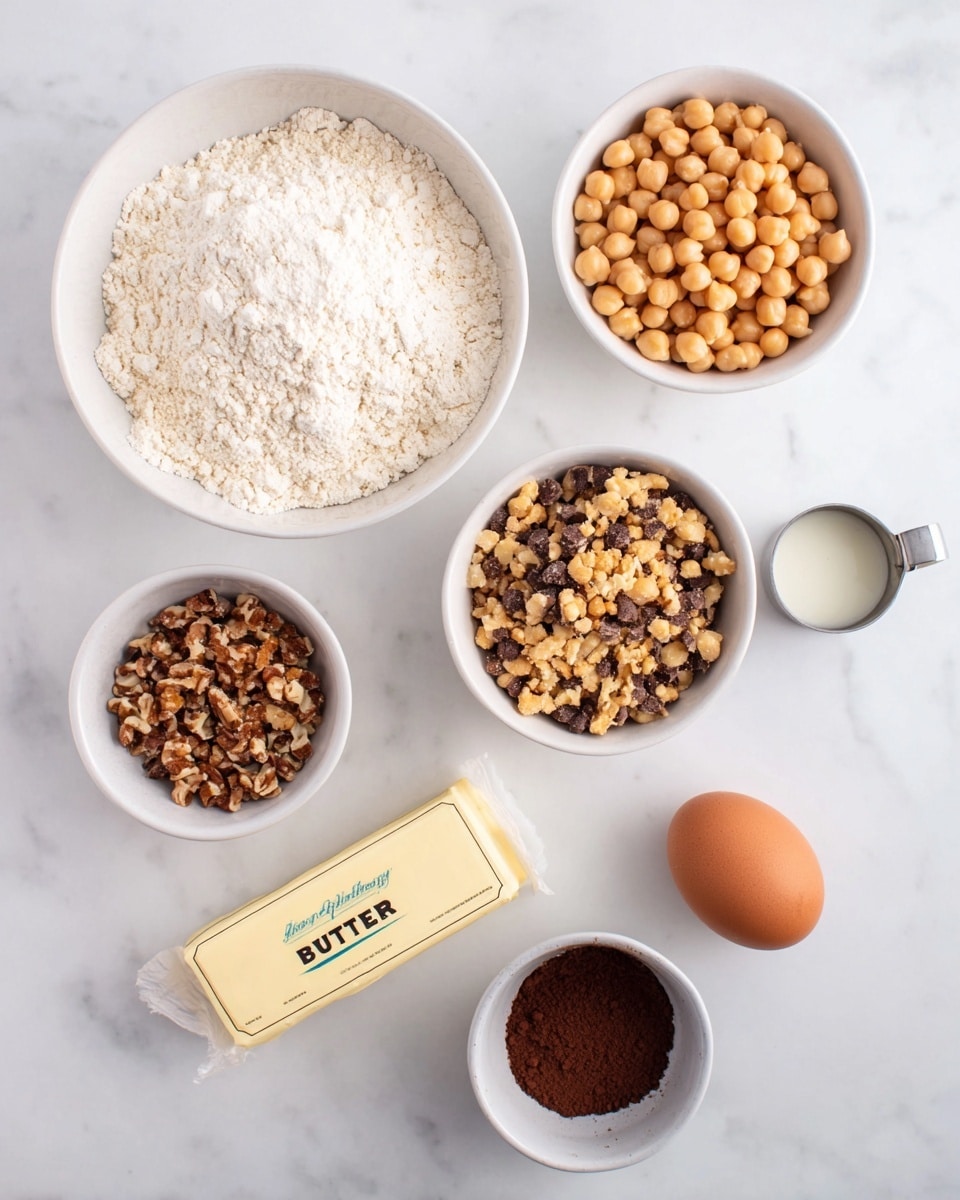 This image shows six main items arranged on a white marbled surface. There is a large white bowl filled with flour mixed with small dark pieces, a medium white bowl full of chopped nuts with brown and light tan colors, and a medium white bowl with round, light brown chickpeas. Next to the bowls is a stick of yellow butter wrapped in paper labeled
