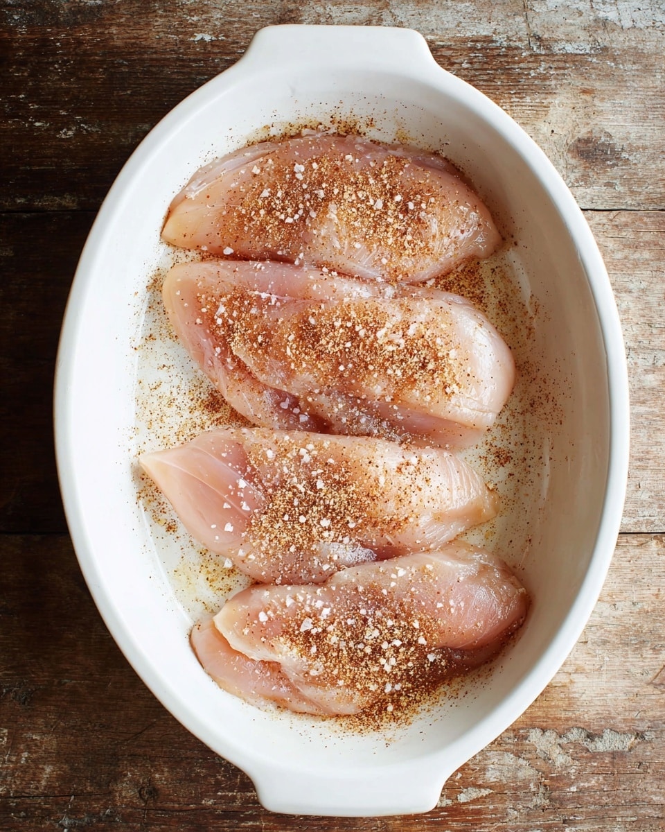 In a white oval baking dish, there are four raw chicken fillets lying flat, each evenly spaced and slightly overlapping. The pale pink chicken is sprinkled with a reddish-brown spice mix and coarse white salt, scattered lightly but covering each piece in patches. The dish rests on a worn wooden surface with a rustic texture. photo taken with an iphone --ar 4:5 --v 7