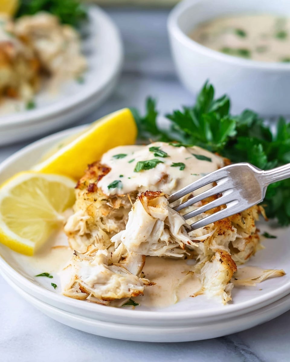 A white plate with a portion of light golden crab cake made of shredded white crab meat with browned edges, topped with a pale creamy sauce with green herb pieces, a slice of bright yellow lemon is placed behind the crab cake, and some dark green parsley leaves beside it, a silver fork is picking up a piece of the crab cake, in the back there is a blurry white bowl with white sauce and green herbs, all placed on a white marbled surface photo taken with an iphone --ar 4:5 --v 7