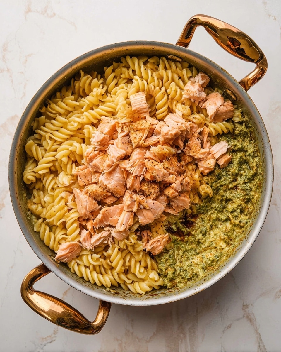 A grey pan with gold handles holds a dish with two main layers; the bottom layer is light yellow spiral pasta partly covered by a thick green sauce mainly on the right side, while the top layer is made of pieces of cooked pink and brown salmon scattered evenly over the pasta. The pan sits on a white marbled surface. photo taken with an iphone --ar 4:5 --v 7