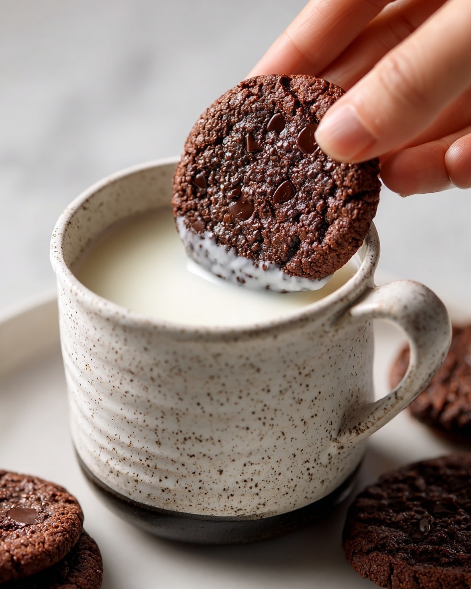 A close-up image showing a speckled white ceramic mug filled almost to the top with white milk, a soft, dark brown chocolate cookie with visible chocolate chips being dipped into the milk by a woman's hand holding it gently at the edge, the cookie partially submerged and soaking up milk on the lower side, the bottom part of the mug resting on a black surface with more similar cookies out of focus around it, set on a white marbled texture background. photo taken with an iphone --ar 4:5 --v 7