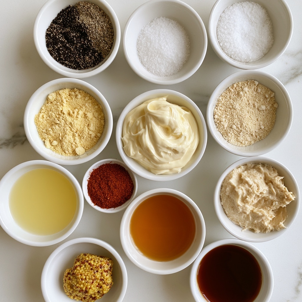 The image shows 11 small white bowls arranged on a white marbled surface, each containing a different ingredient. The center bowl has a thick creamy off-white mayonnaise. Surrounding it are bowls filled with various powders and liquids: at top left is black pepper powder in dark brown and black shades; top right shows fine white salt; center left has pale yellow onion powder; center right contains light beige garlic powder; bottom left holds pale yellow lemon juice; bottom center is filled with amber apple cider vinegar; bottom right has a beige, slightly coarse horseradish paste; lower left shows a dollop of mustard with a grainy texture and yellow color; and lower right contains dark brown Worcestershire sauce. A small bowl near the mayonnaise contains bright reddish-brown spicy powder. The image is clean, bright, and neatly arranged. Photo taken with an iphone --ar 4:5 --v 7