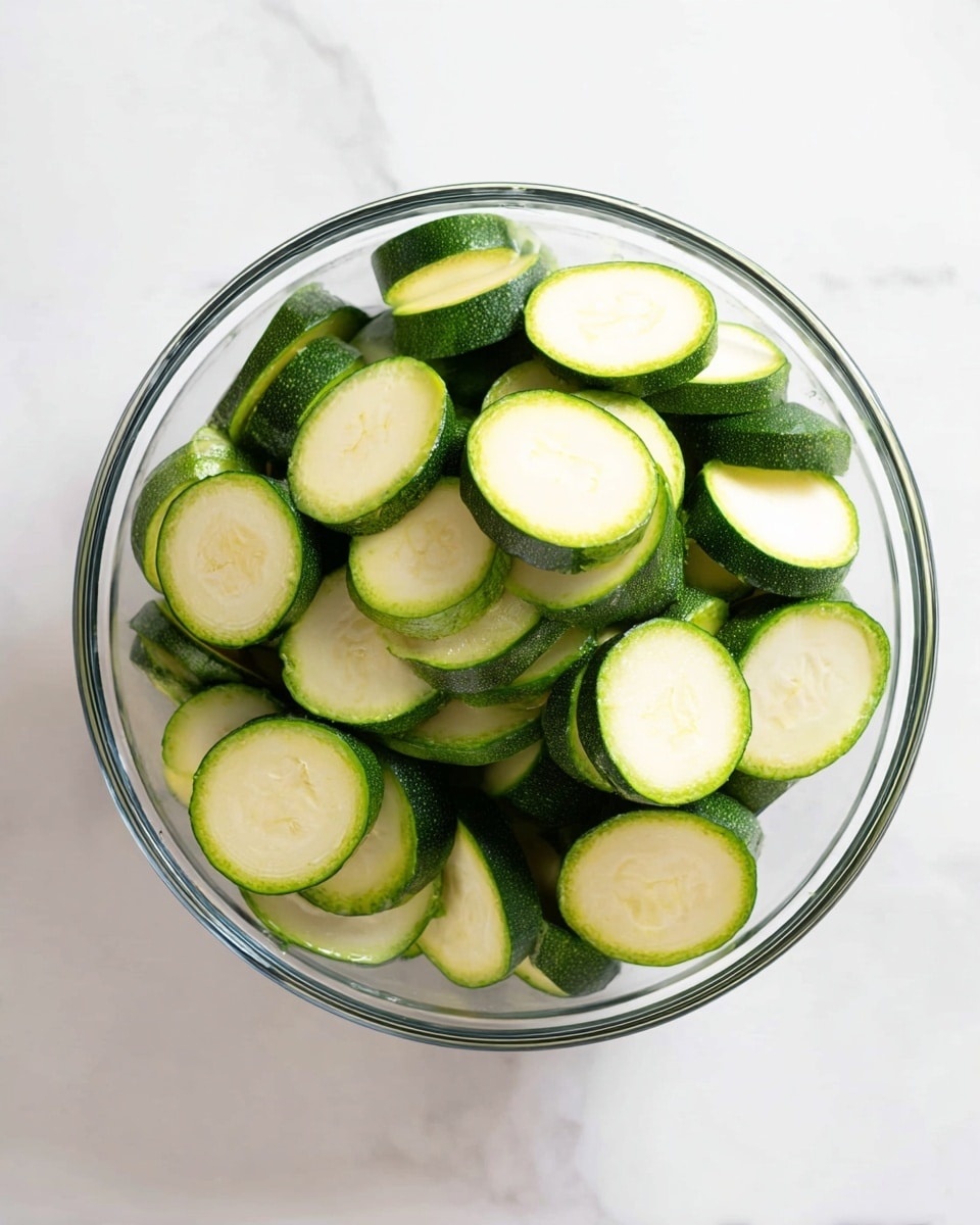 A clear glass bowl is filled with thick round slices of green zucchini, showing the light green inside and the dark green skin around. The zucchini pieces are piled up randomly inside the bowl, which sits on a white marbled surface. The colors are fresh green shades and light cream from the zucchini flesh, with a smooth, slightly shiny texture on the skin and a soft, matte look inside. photo taken with an iphone --ar 4:5 --v 7