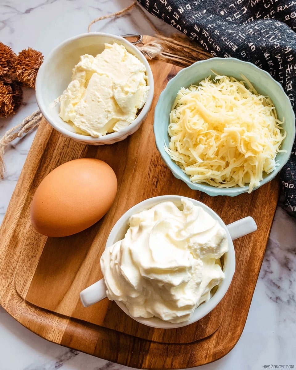 A wooden board displays several baking ingredients arranged neatly. There is a white bowl on the left holding soft white cream cheese with a smooth, creamy texture. Next to it, there is a single brown egg with a smooth shell resting directly on the board. On the right side, a white cup filled with thick, whipped cream shows soft, fluffy layers slightly spilling over the cup's edge. Above it, a light blue bowl contains shredded pale yellow cheese with a soft, stringy texture loosely mounded in the bowl. The background includes a dark cloth with white text, and the board rests on a white marbled surface. Photo taken with an iphone --ar 4:5 --v 7
