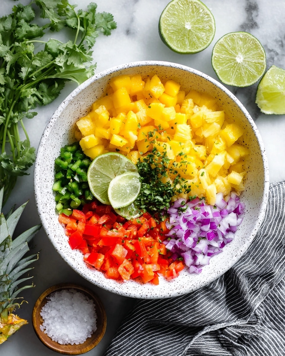 A white speckled bowl contains six main layers arranged in sections: bright yellow diced mango on the left, chopped red bell peppers at the bottom, finely chopped green jalapeños in the center, two lime wedges with some green herbs on top near the middle-left, finely chopped red onions at the top right, and diced pineapple in yellow on the right side. The surface under the bowl is a white marbled texture, with squeezed limes and a small bowl of coarse salt nearby. There are green cilantro sprigs to the left and a part of a pineapple top visible on the top right. A gray striped cloth is placed at the bottom right corner of the frame. Photo taken with an iphone --ar 4:5 --v 7