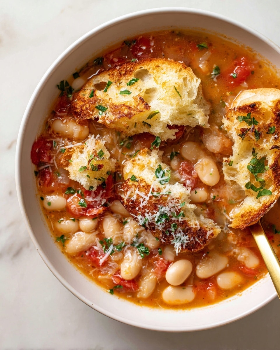 A bowl of soup filled with white beans and diced tomatoes in a light orange broth. On top are pieces of torn bread with a soft, airy texture, sprinkled with chopped green herbs and grated white cheese. A gold spoon is partially dipped into the soup on the right side. The bowl is white and placed on a white marbled surface. photo taken with an iphone --ar 4:5 --v 7