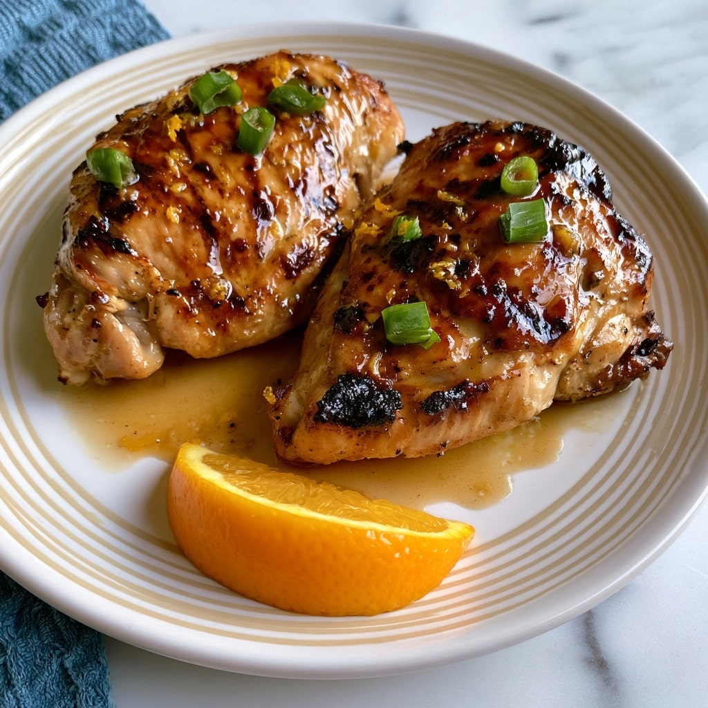 The dish shows two pieces of cooked chicken with a browned and slightly crispy skin, covered with a shiny brown sauce. The chicken is topped with thin slices of green onion and small bits of orange zest. There is a wedge of bright orange fruit placed on the right side of the chicken. The food is served on a round white plate with a subtle beige pattern along the edge, all placed on a white marbled surface. photo taken with an iphone --ar 4:5 --v 7