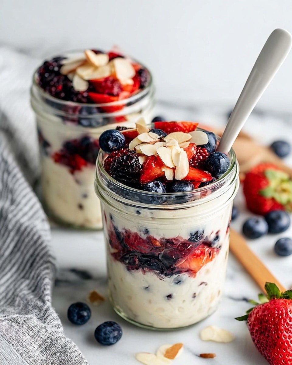 The image shows two glass jars filled with three layers each. The bottom layer is creamy white with tiny black chia seeds mixed in. The middle layer is made of fresh blueberries and red strawberries, cut into pieces, giving strong blue and red colors. The top layer is the same creamy mixture as the bottom, topped with fresh blueberries, red raspberries, sliced almonds, and chopped nuts, adding texture and color on top. The jars sit on a wooden board with scattered blueberries and a whole strawberry nearby, all on a white marbled surface. A white striped cloth is on the right side near the jars. Photo taken with an iphone --ar 4:5 --v 7