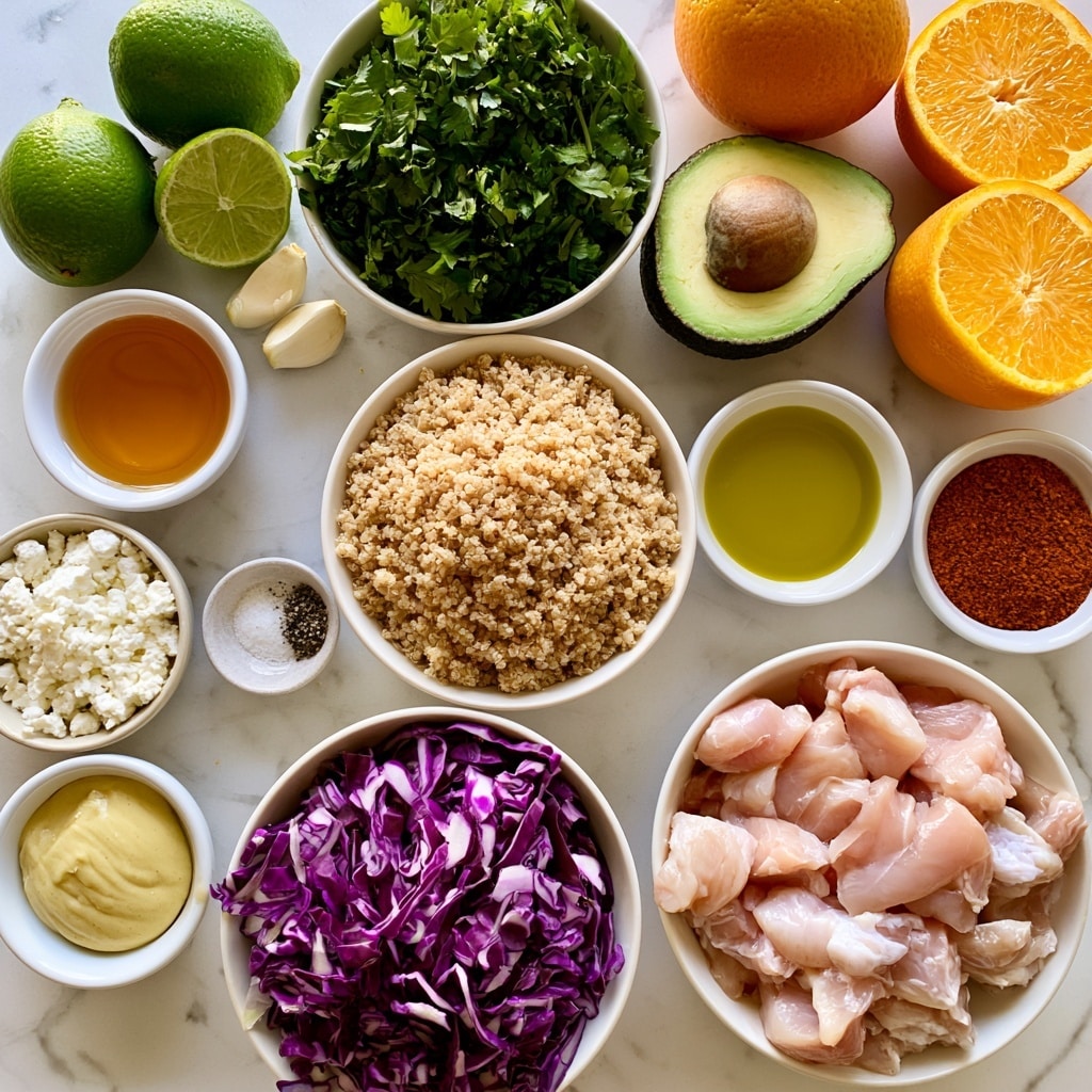 A flat lay image of various cooking ingredients arranged on a white marbled surface, including a bowl of cooked quinoa in the center with a light brown textured grain, a white bowl of chopped raw chicken pieces with pale pink color at the bottom right, next to a white bowl filled with chopped purple cabbage with a rough texture, positioned at the bottom left. Above the quinoa, there is a white bowl with fresh chopped green cilantro, a halved avocado with dark green skin and light green flesh with a brown seed inside, and two whole and halved bright orange oranges. To the top left, there are two whole and halved bright green limes, two garlic cloves next to the cilantro bowl, and a small white bowl of golden honey on the left side. Near the middle left, there is a small white bowl with white feta cheese that has a crumbly texture and another small bowl with salt and black pepper. To the right of the quinoa bowl, a small white bowl contains golden olive oil and next to that, a white bowl with reddish smoked paprika powder. Lastly, a small white bowl filled with pale yellow Dijon mustard is near the bottom left side. Photo taken with an iphone --ar 4:5 --v 7