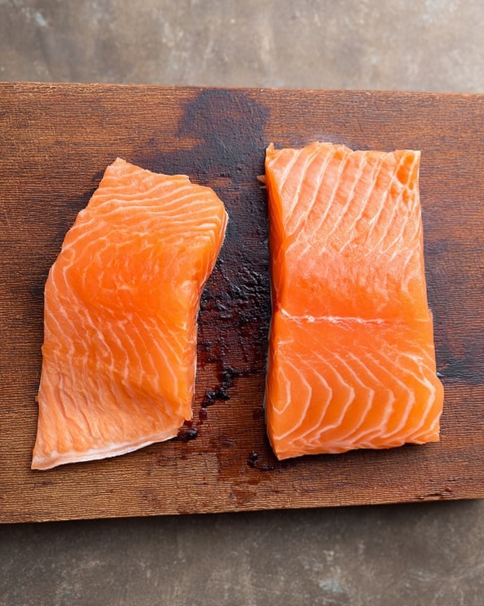 Two pieces of raw salmon lay flat on a wooden cutting board with visible wood grain and dark stains. The piece on the left is thinner and has a smaller size with finer, shorter lines of fat running through it, while the piece on the right is thicker, larger, and has longer, more wavy white lines. Both pieces show a fresh, light orange color and a soft, glossy texture. photo taken with an iphone --ar 4:5 --v 7